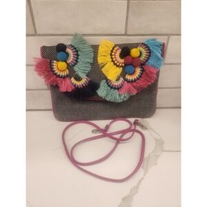 Vince Camuto Witan Woven Multicolor Tassel Canvas Handmade Clutch Crossbody Boho